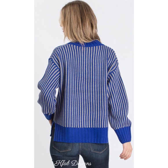 LAST! V Neck Royal Blue Contrast Vertical Stripe Sweater! - Picture 8 of 8